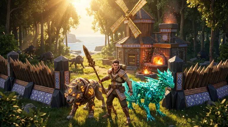 Aldeia fortificada na floresta com moinho dourado, onde um explorador e duas criaturas domesticadas defendem as muralhas.
