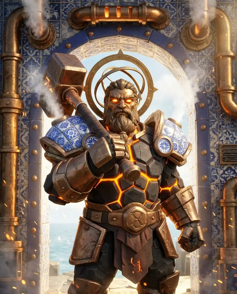 Retrato de Forjão Zarco, o colosso artífice de basalto e bronze com ombreiras de azulejo azul e branco e halo armilar.